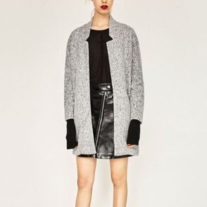 ZARA Trafaluc Textured Fuzzy Midi Grey Marl Sweater Faux Collar Coat Size SMALL